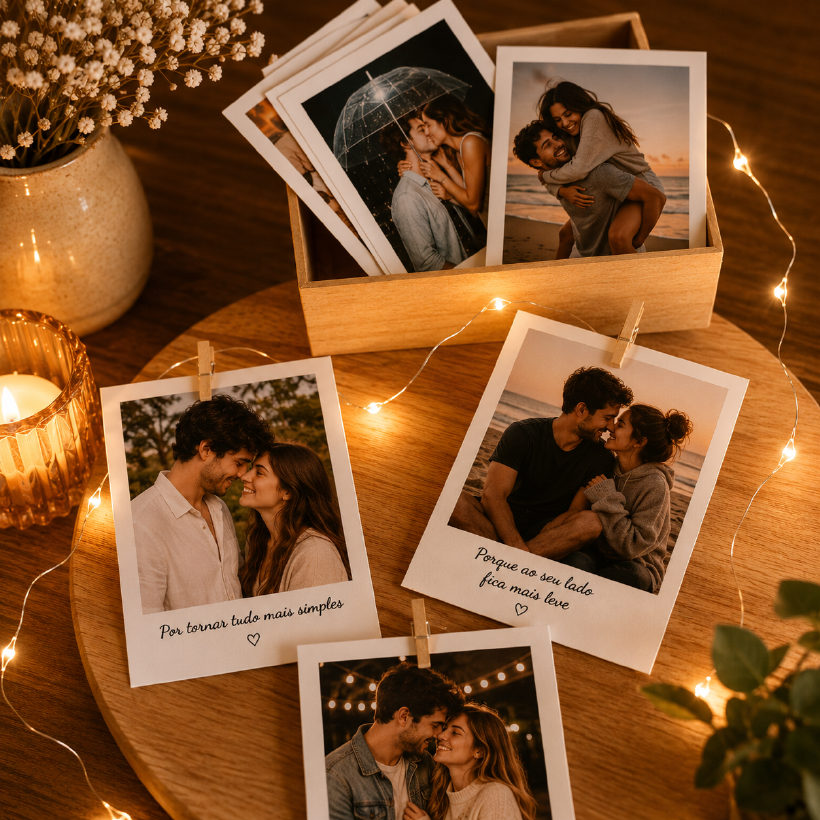 Fotos no estilo polaroide personalizadas com mensagens, expostas sobre uma mesa com luzes