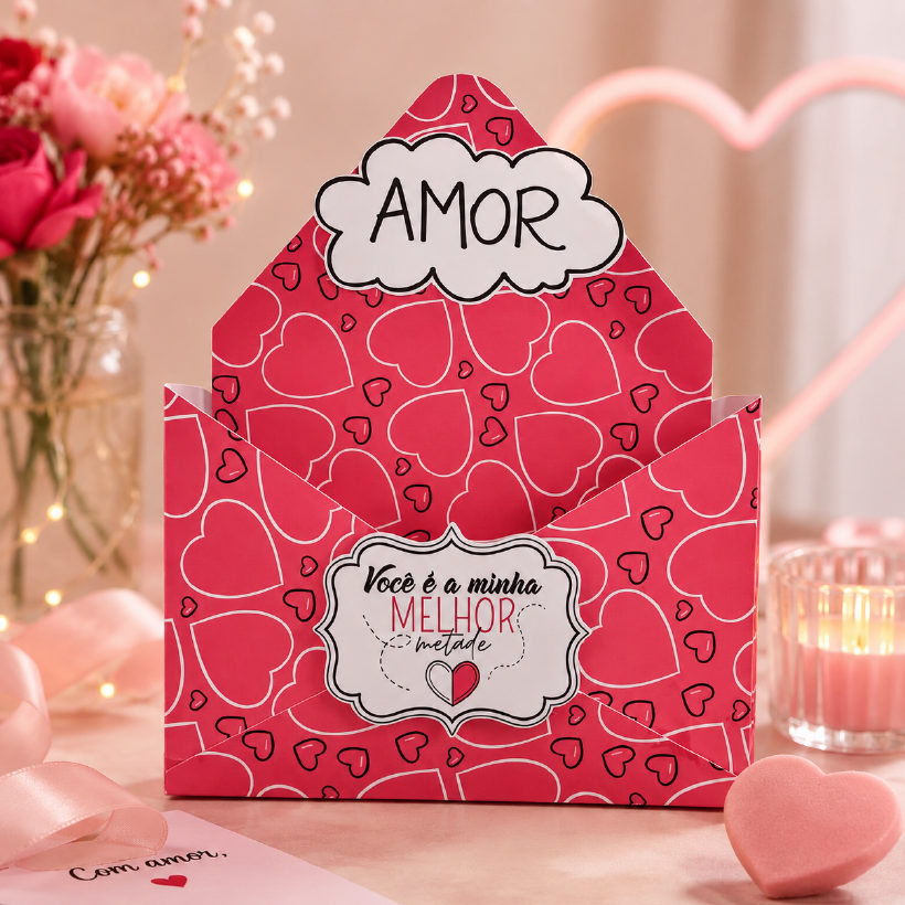 Caixa envelope personalizada em formato de envelope com estampa de corações e a palavra Amor