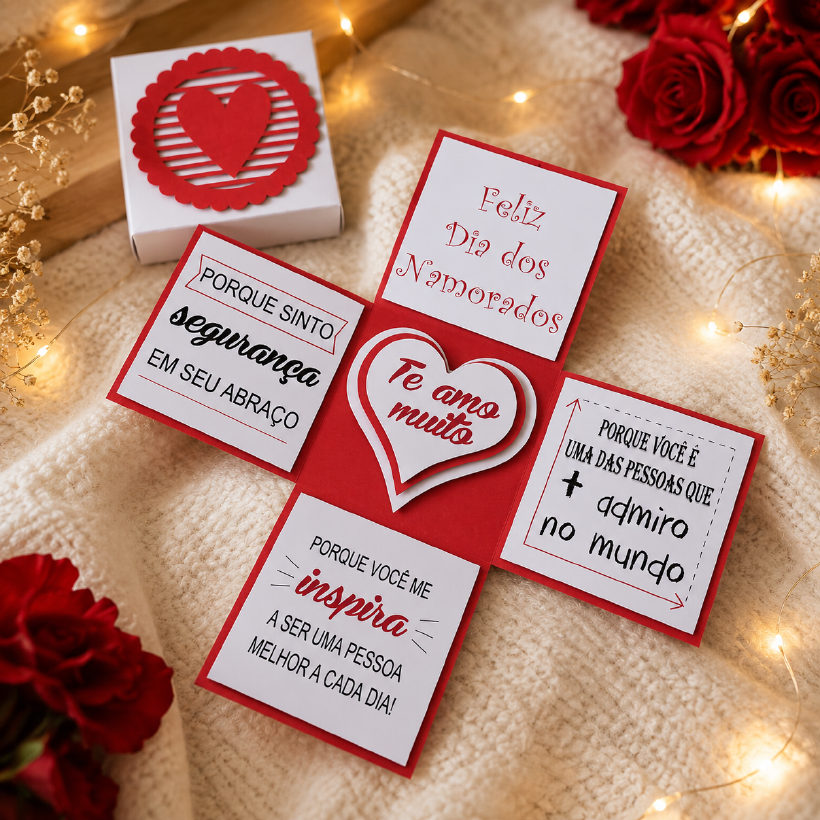Caixa explosão personalizada com tema romântico em vermelho e branco, com mensagens de amor