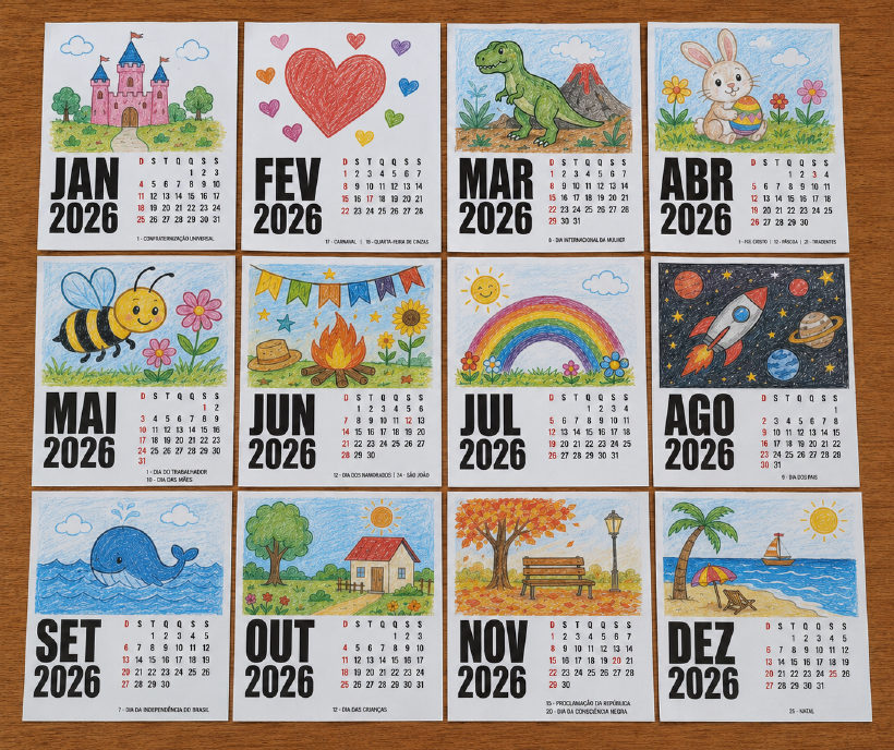 Calendário 2026 personalizado com ilustrações desenhadas à mão para cada mês