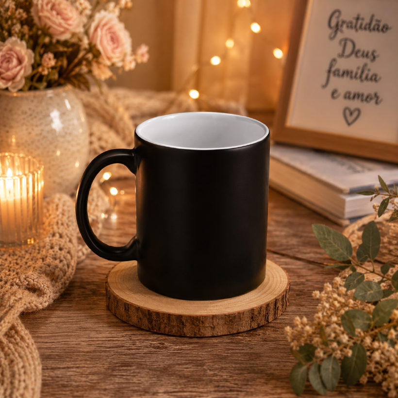 Caneca mágica personalizada, toda preta, que revela a arte com o calor da bebida