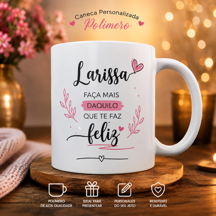 Caneca de polímero personalizada com nome e mensagem, resistente e durável