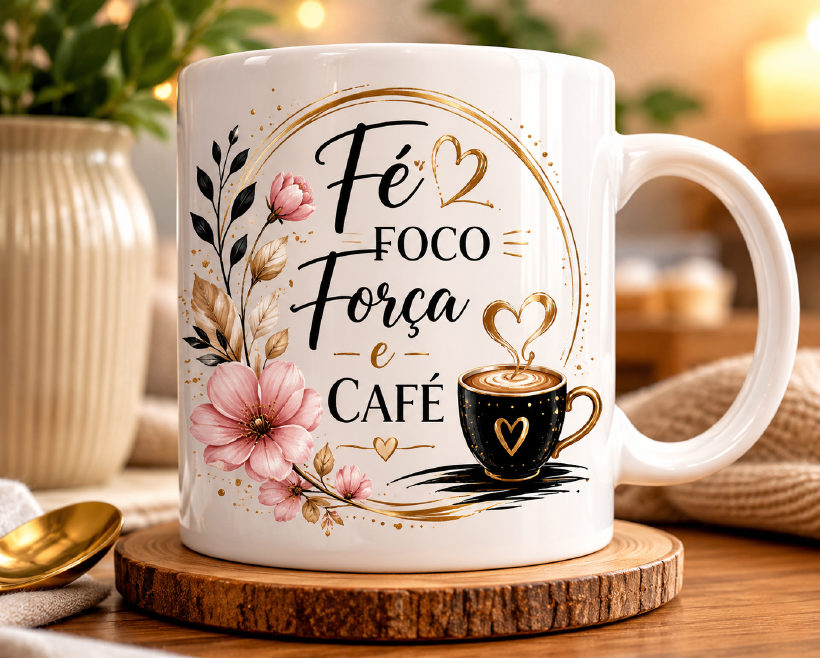 Caneca de porcelana personalizada com arte floral e a frase Fé, Foco, Força e Café