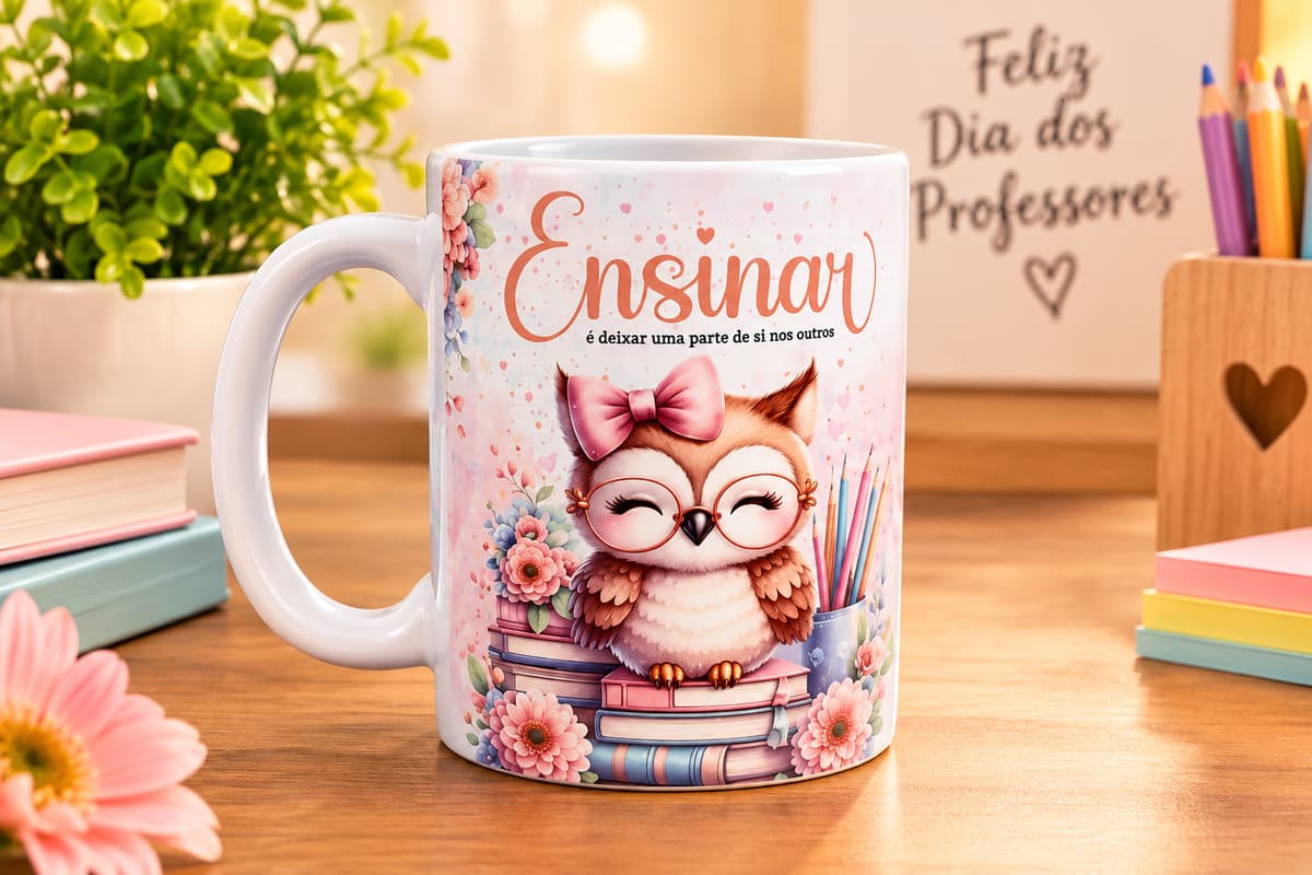 Caneca personalizada com uma corujinha professora e a frase Ensinar é deixar uma parte de si nos outros, sobre uma mesa com livros, lápis de cor e um quadro escrito Feliz Dia dos Professores