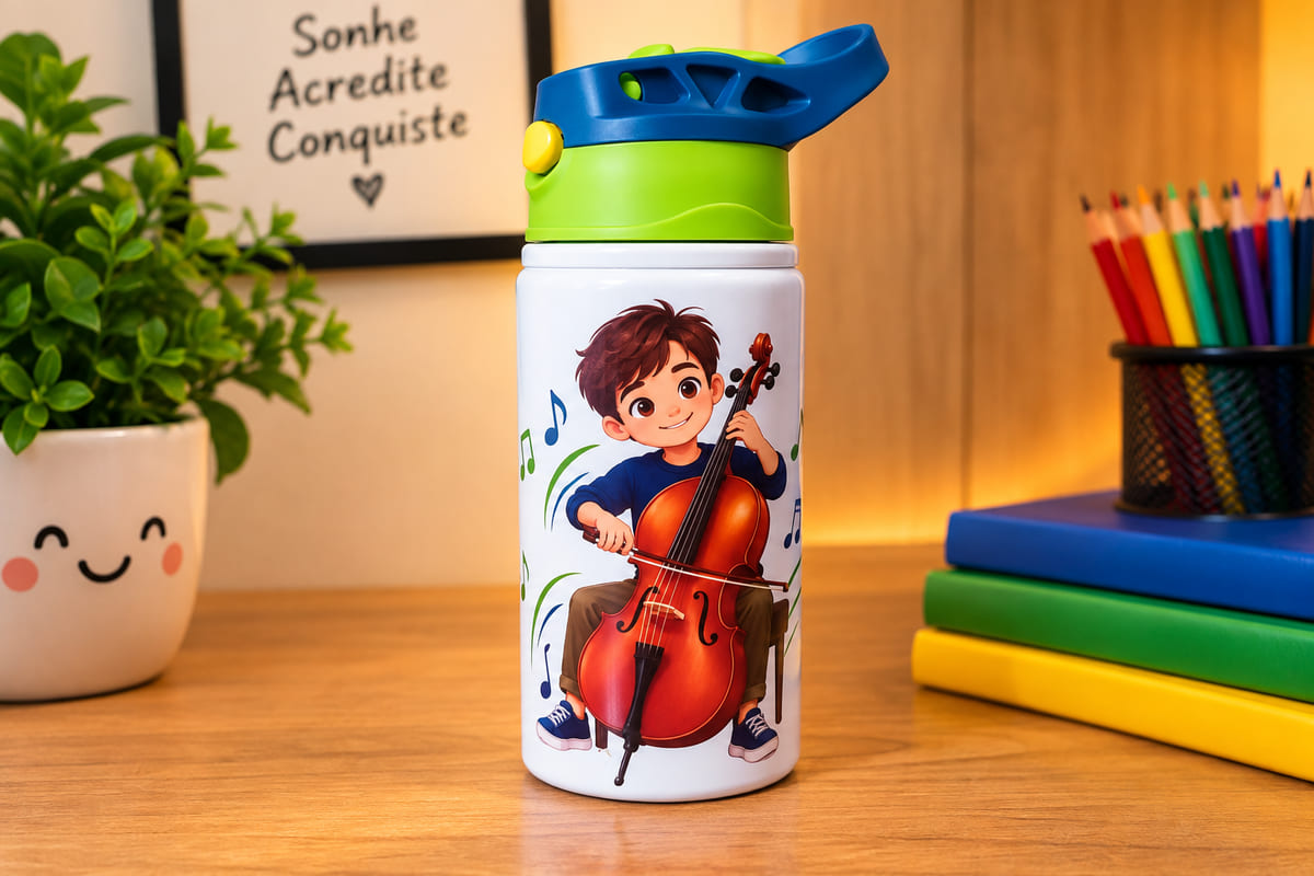 Garrafa squeeze personalizada de 500 ml com tampa verde e azul e ilustração de um menino tocando violoncelo