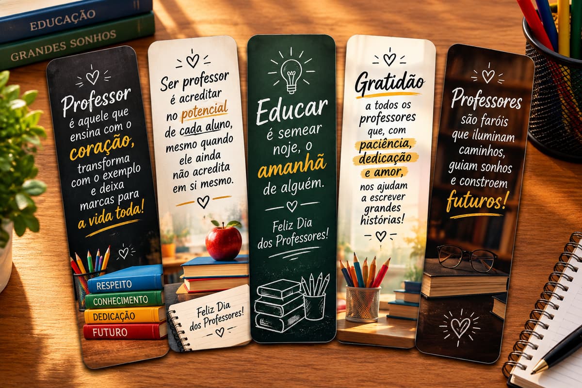 Cinco marca-páginas personalizados com frases de homenagem a professores, como Educar é semear hoje o amanhã de alguém e Feliz Dia dos Professores