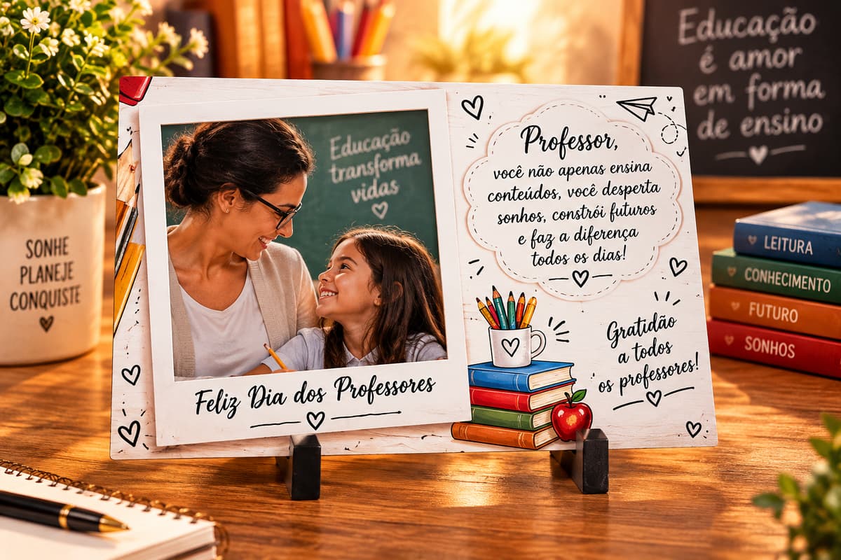 Quadro em MDF personalizado com a foto de uma professora com a aluna, a frase Feliz Dia dos Professores e uma mensagem de gratidão